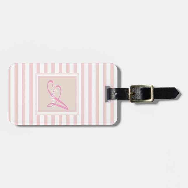 Girly Pink Stripe Monogram Personalisiert Gepäckanhänger (Vorderseite horizontal)