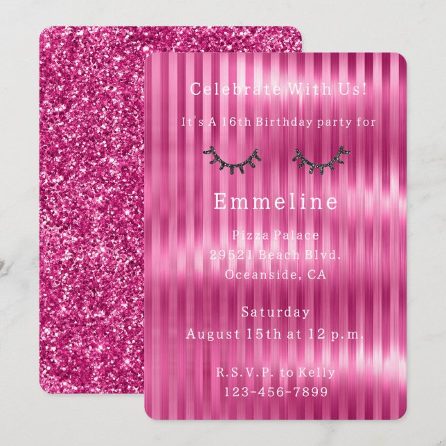Girly Pink Stripes Glitzy Black Glitzer Eyelashes Einladung (Vorne/Hinten)