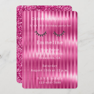 Girly Pink Stripes Glitzy Black Glitzer Eyelashes Einladung