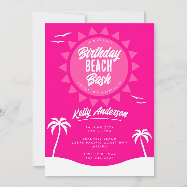 Girly Pink Summer 18. Geburtstag Beach Party Einladung (Vorderseite)