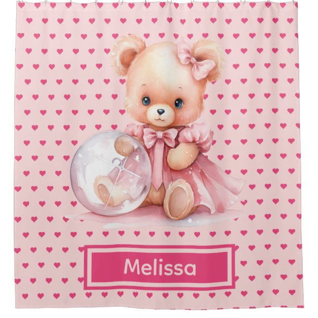 Girly Pink Teddy Bear Monogram Duschvorhänge Duschvorhang (Vorderseite)