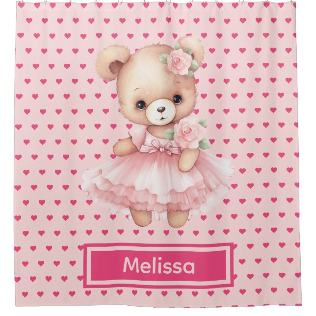 Girly Pink Teddy Bear Monogram Duschvorhänge Duschvorhang (Vorderseite)