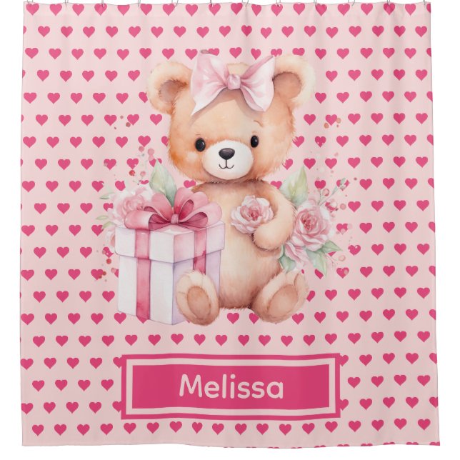 Girly Pink Teddy Bear Monogram Duschvorhänge Duschvorhang (Vorderseite)