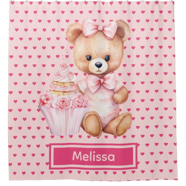 Girly Pink Teddy Bear Monogram Duschvorhänge Duschvorhang (Vorderseite)