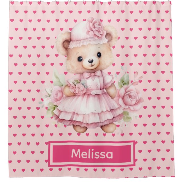 Girly Pink Teddy Bear Monogram Duschvorhänge Duschvorhang (Vorderseite)