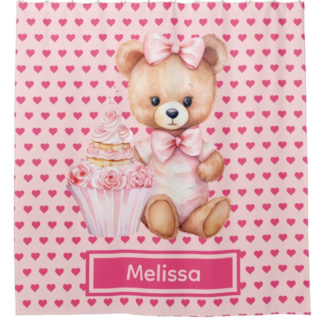 Girly Pink Teddy Bear Monogram Duschvorhänge Duschvorhang (Vorderseite)