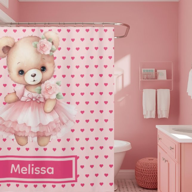 Girly Pink Teddy Bear Monogram Duschvorhänge Duschvorhang (Von Creator hochgeladen)