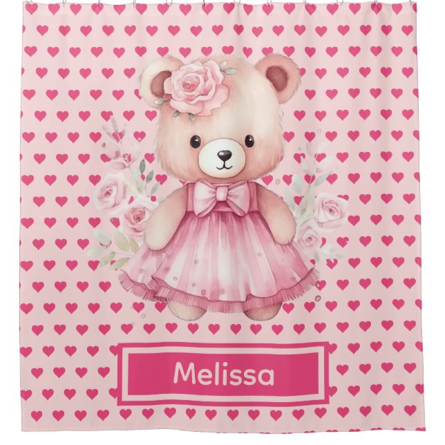 Girly Pink Teddy Bear Monogram Duschvorhänge Duschvorhang (Vorderseite)