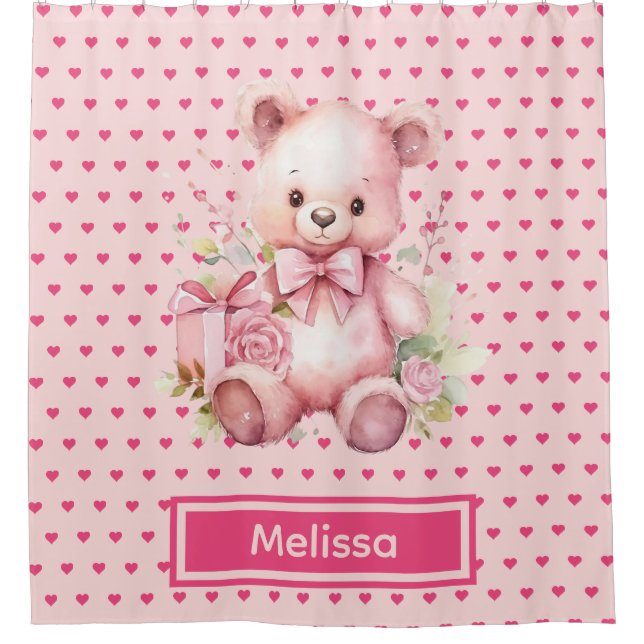 Girly Pink Teddy Bear Monogram Duschvorhänge Duschvorhang (Vorderseite)