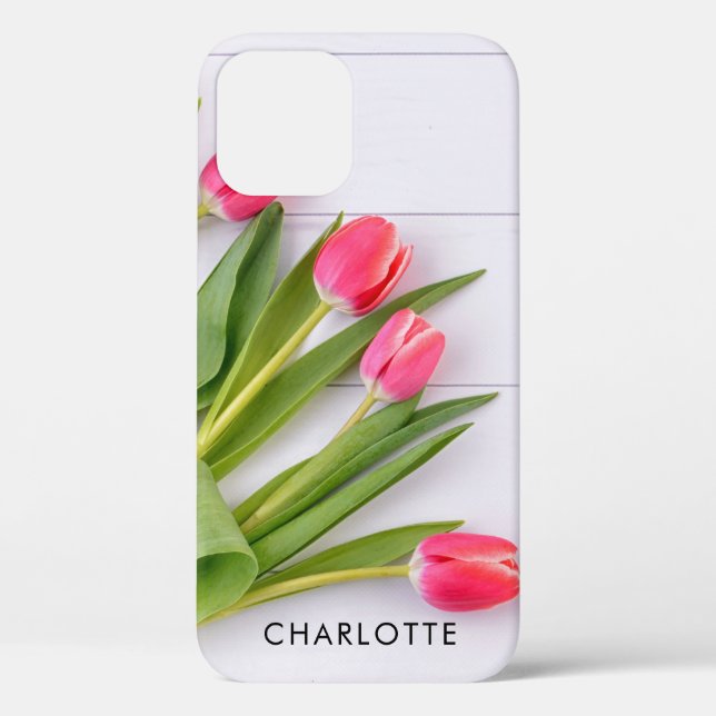 Girly Pink Tulips auf White Wood Classic Case-Mate iPhone Hülle (Rückseite)