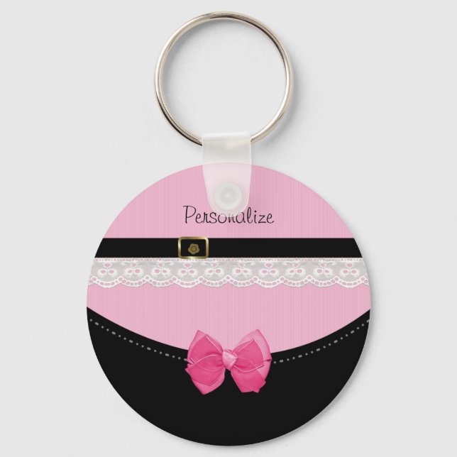 Girly Pink und Black Baby Schuhe mit Bow und Name Schlüsselanhänger (Vorderseite)