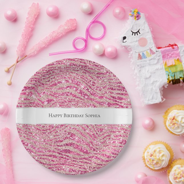 Girly Pink und Blush Glitzer Zebra Birthday Pappteller (Party)