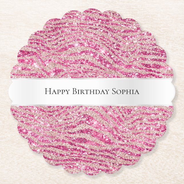 Girly Pink und Blush Glitzer Zebra Birthday Untersetzer (Vorderseite)