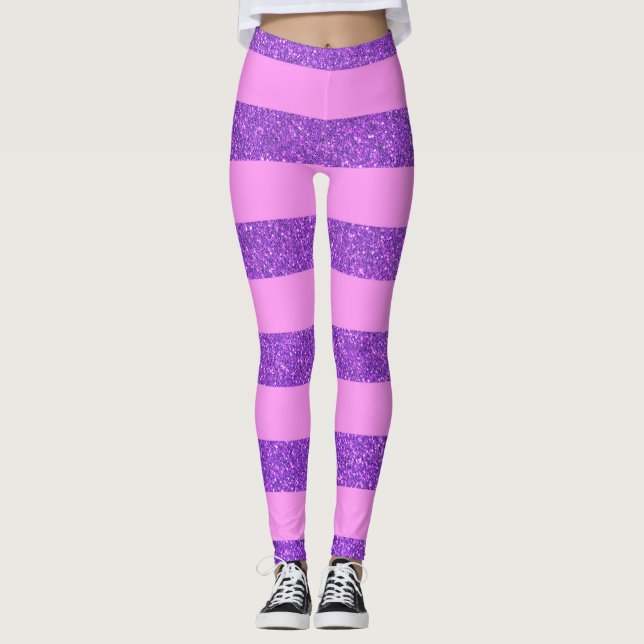 Girly Pink und Lila Glitzer Streifen für Frauen Leggings (Vorderseite)