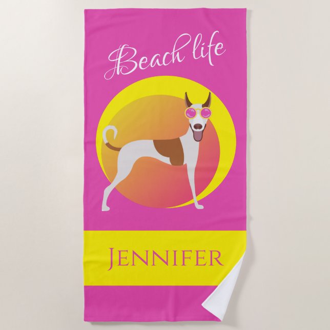 Girly Pink und Yellow Dog Strandtuch (Vorderseite)