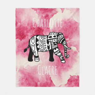 Girly Pink Watercolor Black & White Tribe Elephant Fleecedecke