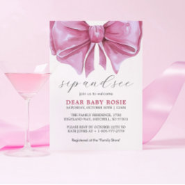 Girly Pink Watercolor Bow Baby Shower Sip und sehe Einladung