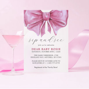 Girly Pink Watercolor Bow Baby Shower Sip und sehe Einladung