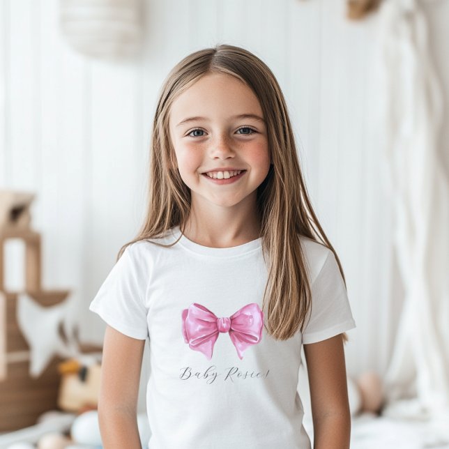 Girly Pink Watercolor Bow Babydusche Baby T-shirt (Girly Pink Watercolor Bow Baby Shower Baby T-Shirt)