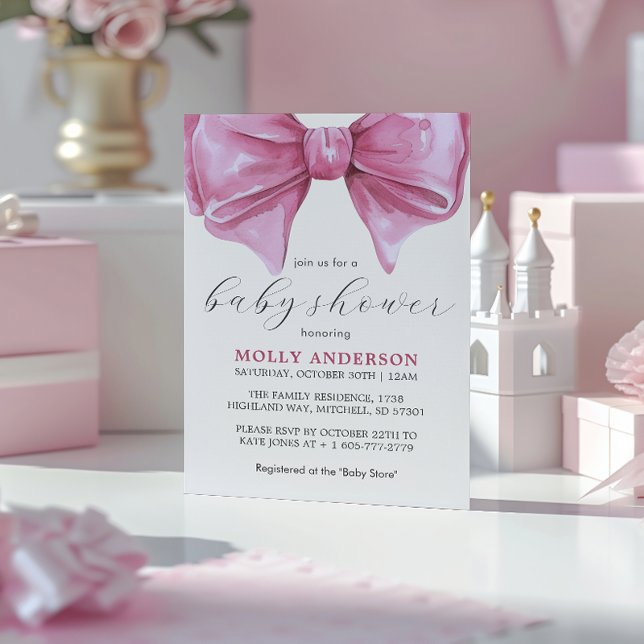 Girly Pink Watercolor Bow Babydusche Einladung (Girly Pink Watercolor Bow Baby Shower Invitation)