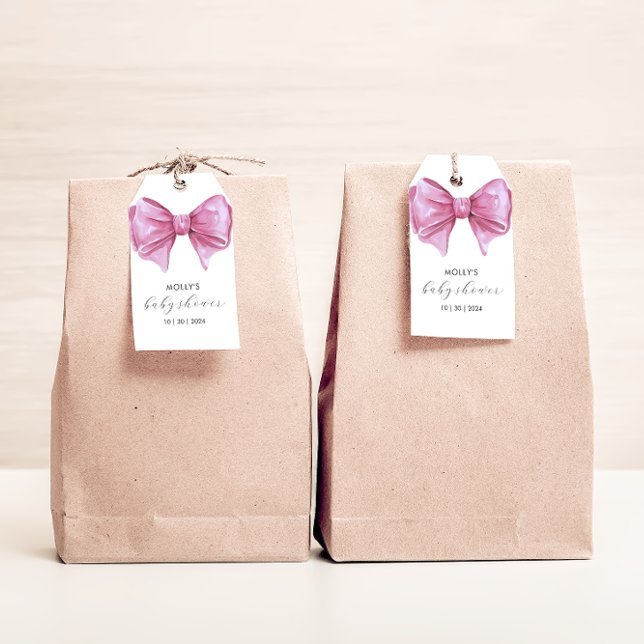 Girly Pink Watercolor Bow Babydusche Geschenkanhänger (Girly Pink Watercolor Bow Baby Shower Gift Tags)