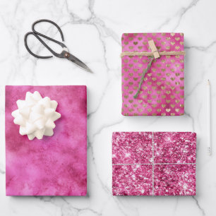 Girly Pink Watercolor Gold Hearts Glitzer Geschenkpapier Set