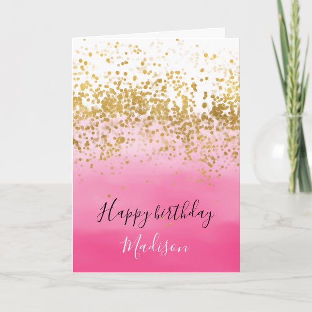 Girly Pink Watercolor Ombre Gold Confetti Karte (Vorderseite)