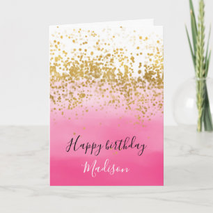 Girly Pink Watercolor Ombre Gold Confetti Karte