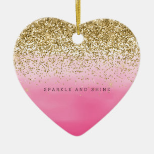 Girly Pink Watercolor Ombre Gold Glitzy Glitzer Keramik Ornament