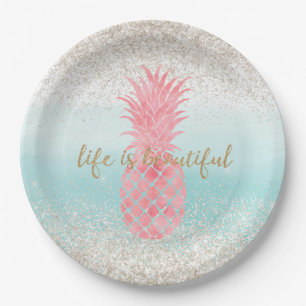 Girly Pink Watercolor Tropische Ananas Pappteller