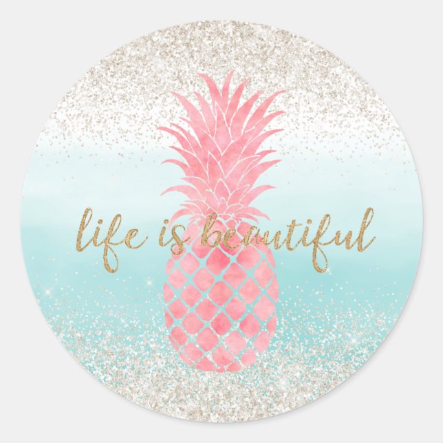 Girly Pink Watercolor Tropische Ananas Runder Aufkleber (Vorderseite)