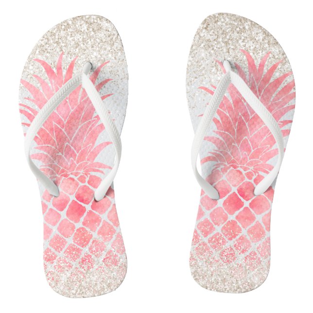 Girly Pink Watercolor Tropischer Ananas Flip Flops (Fußbett)