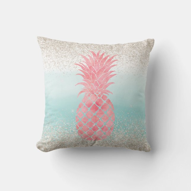 Girly Pink Watercolor Tropischer Ananas Kissen (Vorderseite)