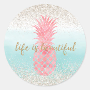 Girly Pink Watercolor Tropischer Ananas Runder Aufkleber