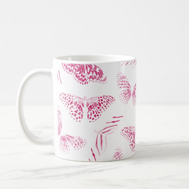 Girly Pink White Butterfets Wasserfarben Muster Kaffeetasse (Links)