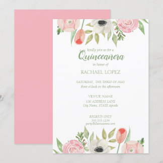 Girly Pink & White Floral Quinceanera Geburtstag Einladung