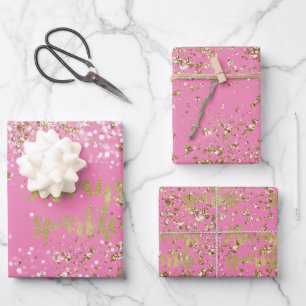 Girly Pink White Gold Confetti Sparkle Geschenkpapier Set