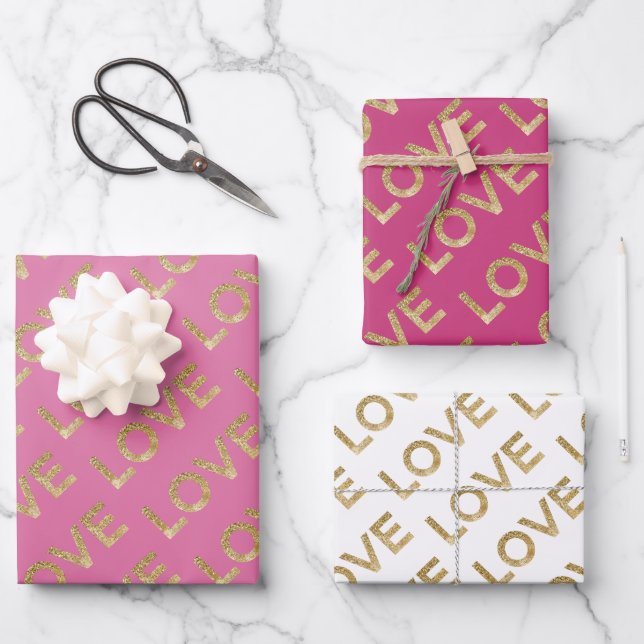 Girly Pink White Gold Glitz White Love Geschenkpapier Set (Vorderseite)