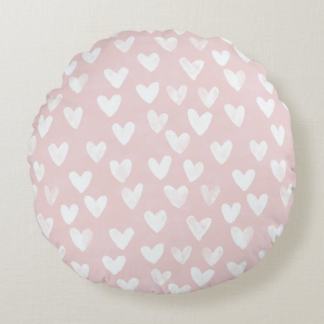 Girly Pink White Hearts Rundes Kissen (Vorderseite)