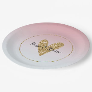 Girly Pink White Ombre Gold Glitzer Herz Pappteller