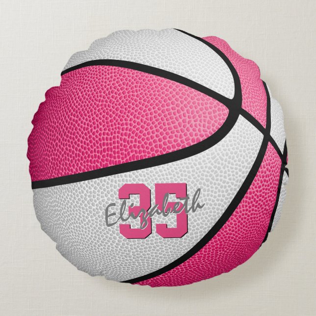 Girly Pink White Personalized Basketball Rundes Kissen (Vorderseite)