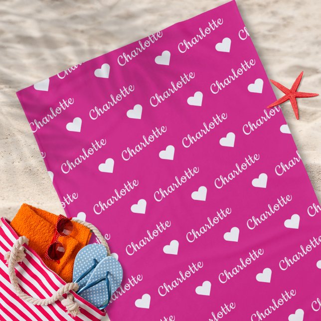 Girly Pink Wiederholung Name Skript Heart Beach Ha Strandtuch (Personalized Repeating Name Pattern with Heart Summer Beach Bath Towel)