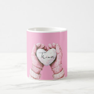 Girly Pink Winter Gloves Weißes Herz Kaffeetasse