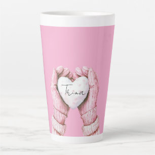 Girly Pink Winter Gloves Weißes Herz Milchtasse
