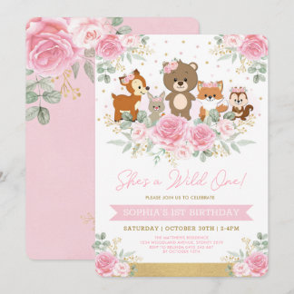 Girly Pink Woodland Floral Wild 1. Geburtstag Einladung