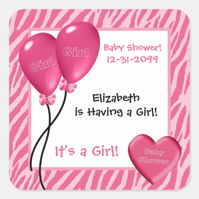 Girly Pink Zebra Print Girl Baby Dusche Quadratischer Aufkleber (Vorderseite)