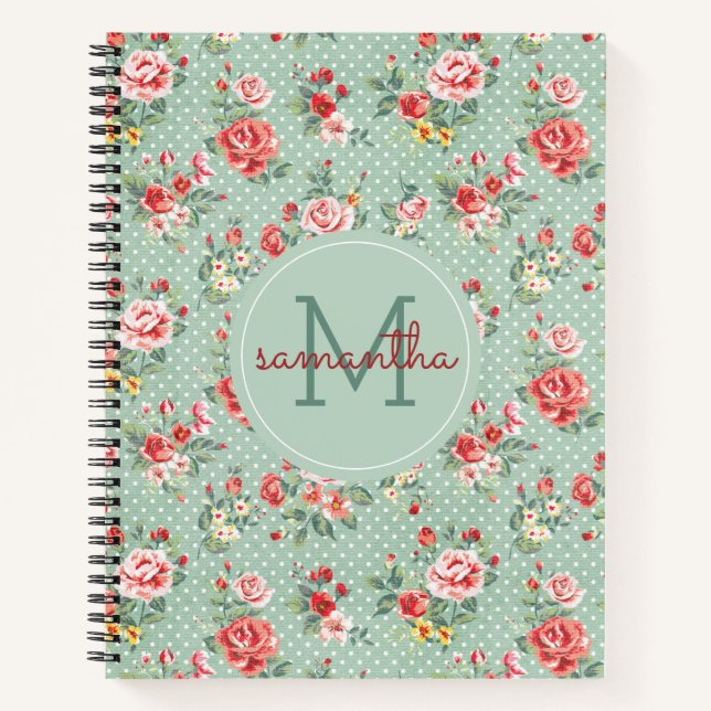 Girly Polka Dot Vintages Blumenmuster Monogramm Notizbuch (Vorderseite)