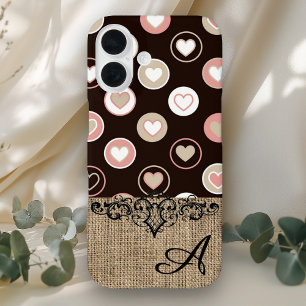 Girly Polka Dots und Burlap Pattern mit Monogramm iPhone 16 Hülle