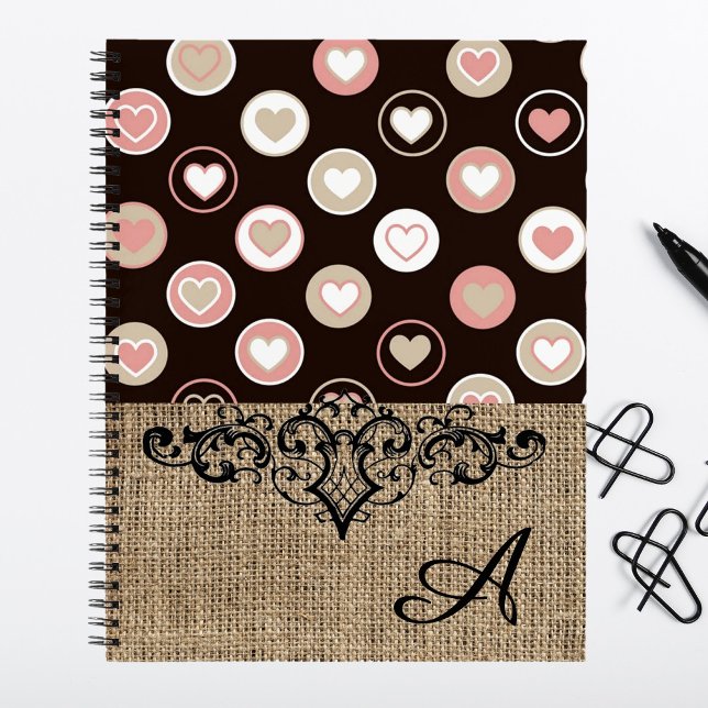 Girly Polka Dots und Burlap Pattern mit Monogramm Notizbuch (Von Creator hochgeladen)