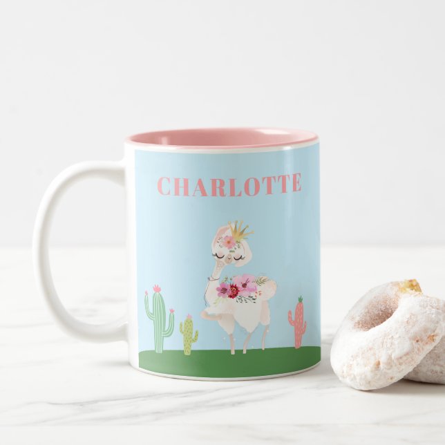 Girly Princess Llama Floral Cactus Zweifarbige Tasse (Mit Donut)